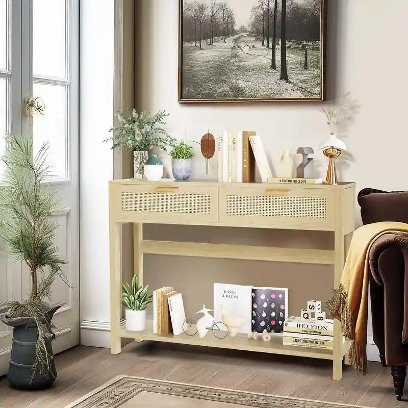 Konsolentisch aus Rattan mit 2 Schubladen & offenem Fach – Boho-Eingangsbereich