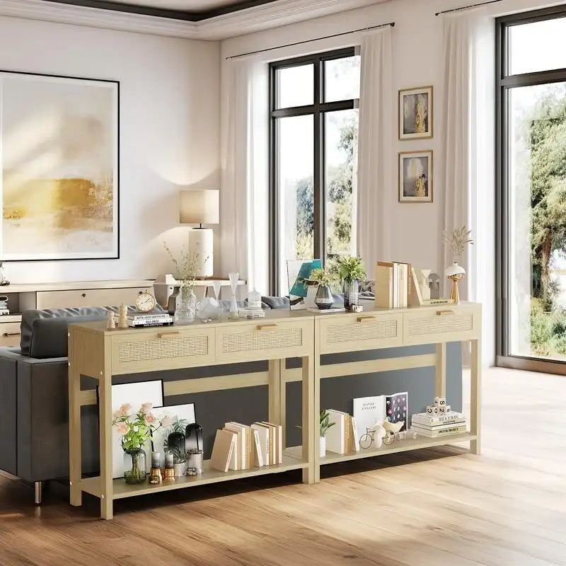 Konsolentisch aus Rattan mit 2 Schubladen & offenem Fach – Boho-Eingangsbereich