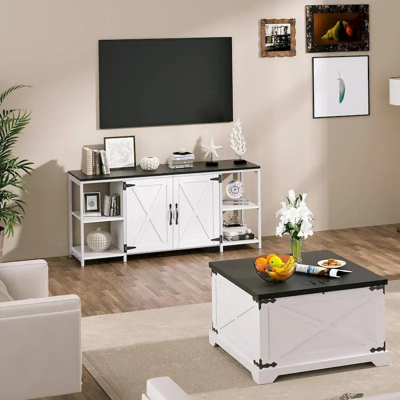 Farmhouse TV Stand with Doors & Open Shelves – Fits Up to 65"