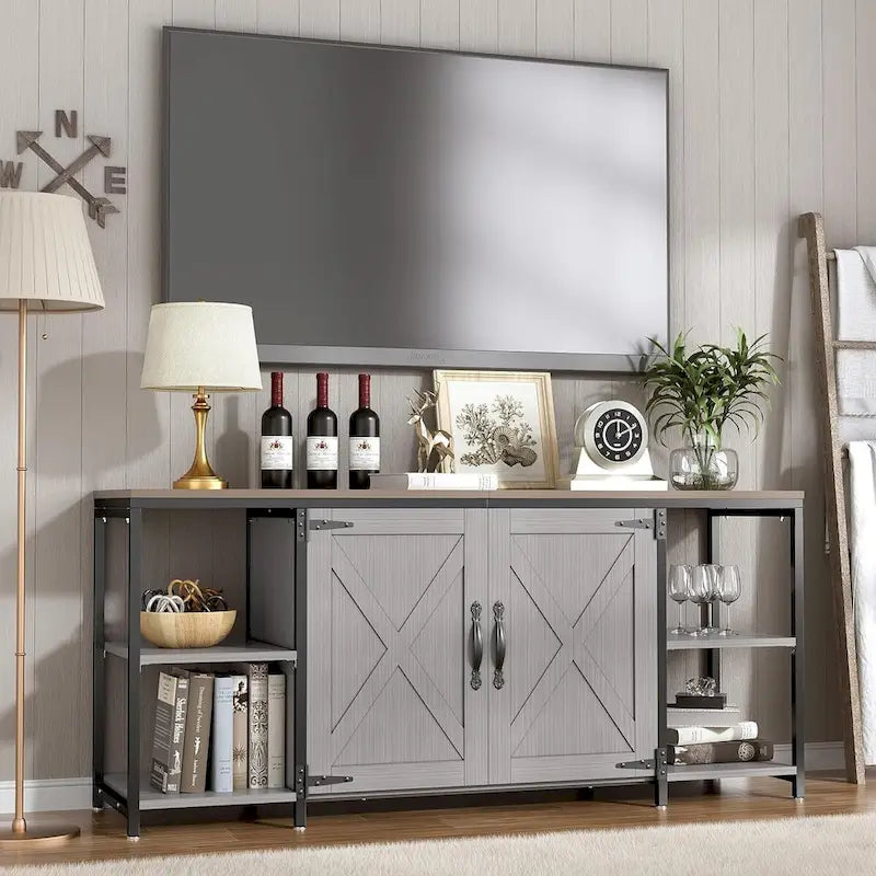 Farmhouse TV Stand with Doors & Open Shelves – Fits Up to 65"