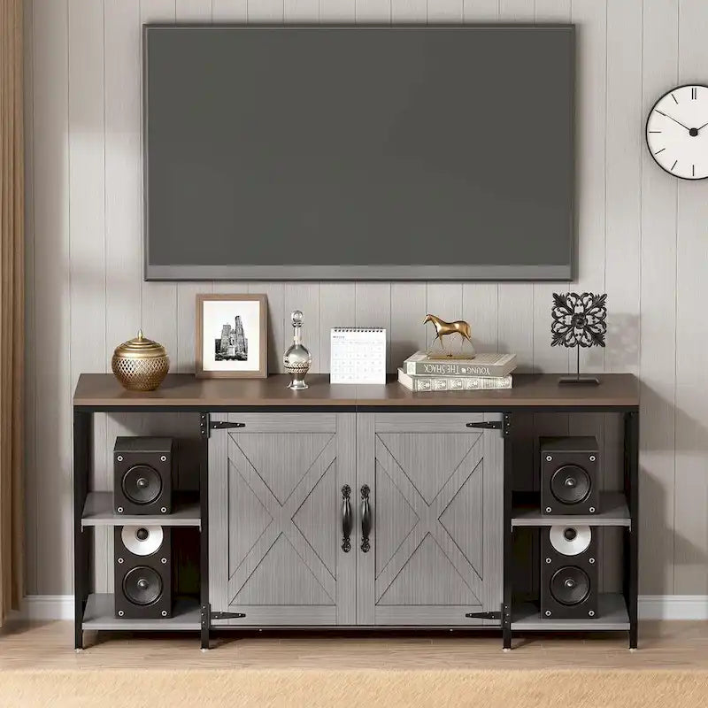Farmhouse TV Stand with Doors & Open Shelves – Fits Up to 65"