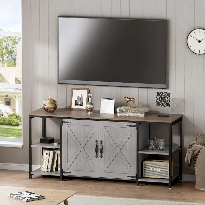 Farmhouse TV Stand with Doors & Open Shelves – Fits Up to 65"