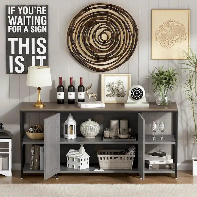 Farmhouse TV Stand with Doors & Open Shelves – Fits Up to 65"