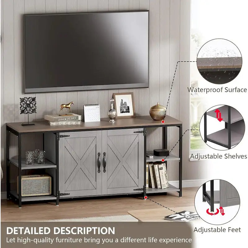 Farmhouse TV Stand with Doors & Open Shelves – Fits Up to 65"
