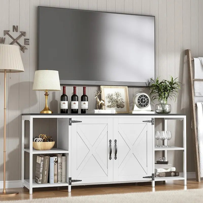 Farmhouse TV Stand with Doors & Open Shelves – Fits Up to 65"