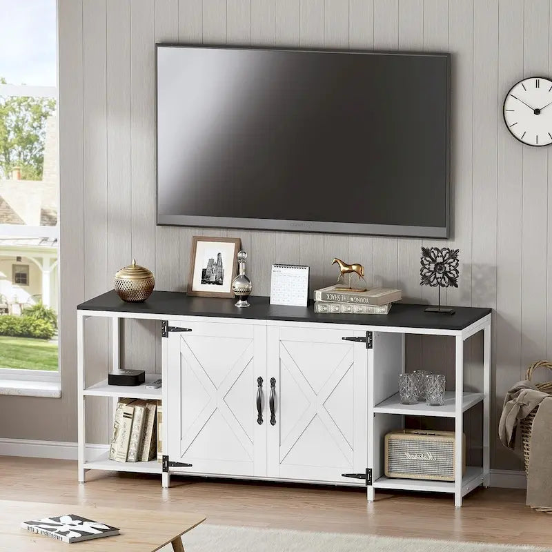 Farmhouse TV Stand with Doors & Open Shelves – Fits Up to 65"