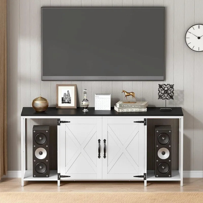 Farmhouse TV Stand with Doors & Open Shelves – Fits Up to 65"
