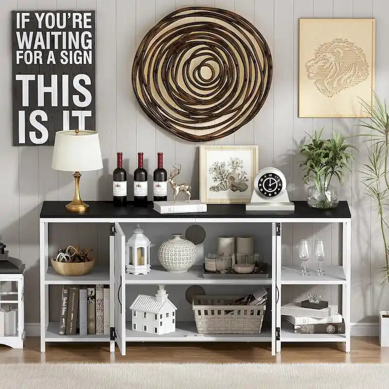 Farmhouse TV Stand with Doors & Open Shelves – Fits Up to 65"