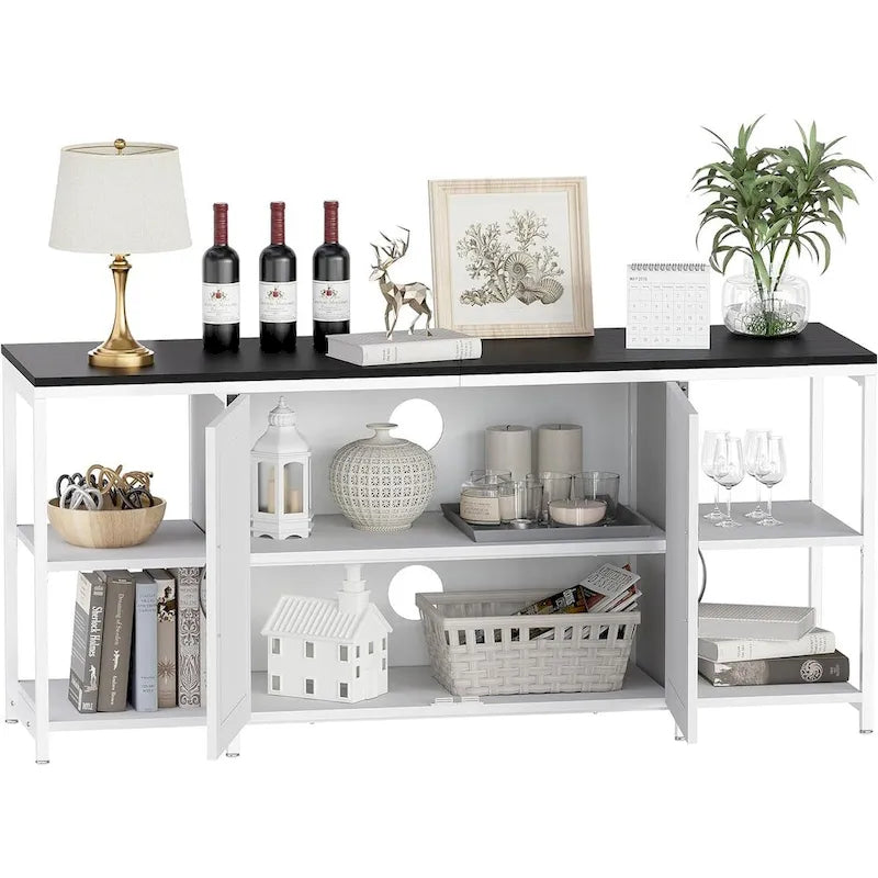 Farmhouse TV Stand with Doors & Open Shelves – Fits Up to 65"
