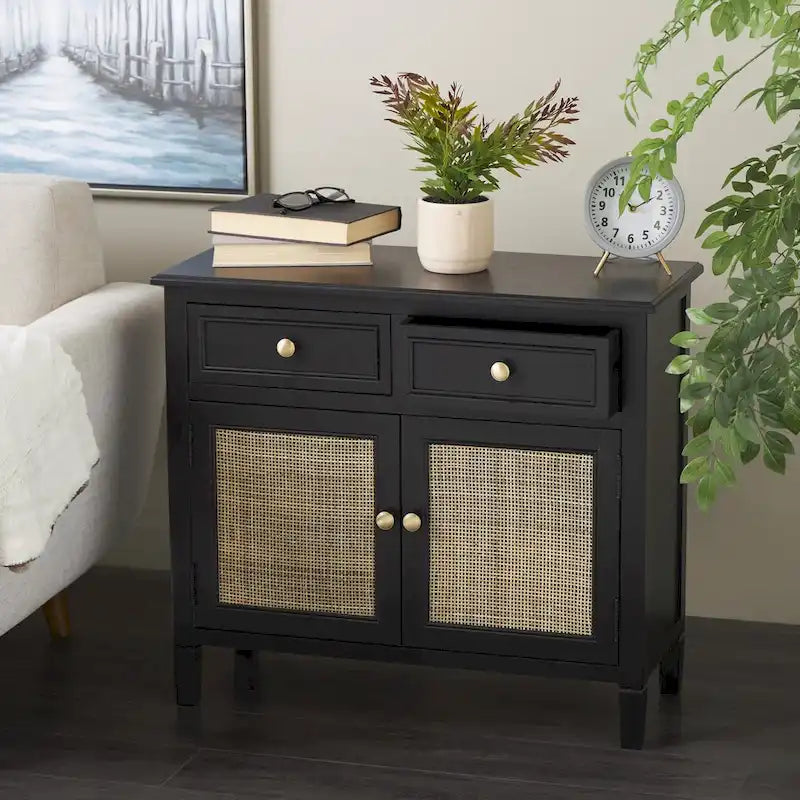 Black Storage Cabinet with Rattan Doors & 2 Drawers