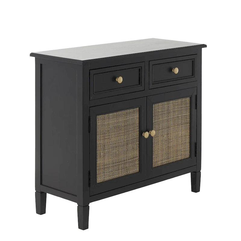Black Storage Cabinet with Rattan Doors & 2 Drawers